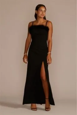 Feather Trim Straight Neck Sheath With Slit