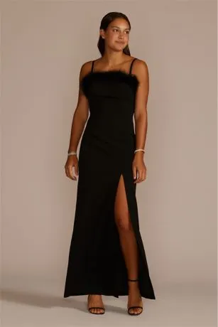 Feather Trim Straight Neck Sheath With Slit