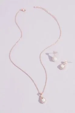 Haloed Faux Pearl Necklace And Earring Set