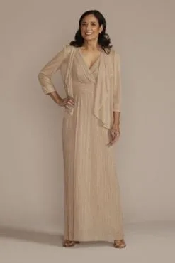 Floor Length V-Neck Metallic Sheath Jacket Dress