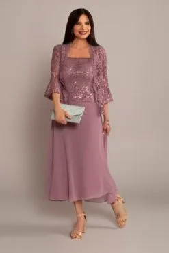 Tea-Length Lace And Chiffon A-Line Jacket Dress