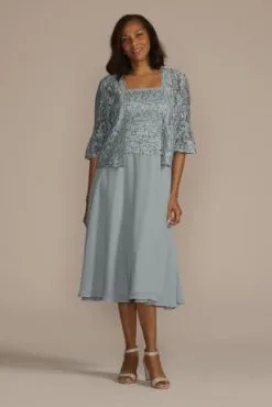 Tea Length Sequin Lace And Chiffon Jacket Dress