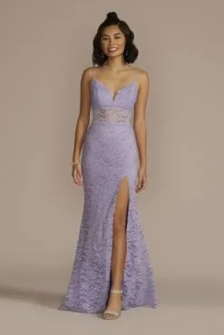 V-Neck Glitter Lace Sheath With Illusion Waist