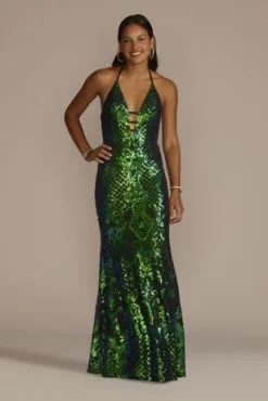 Patterned Sequin Sheath With Plunging Halter Neck