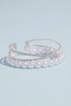 Crossed Rhinestone And Pearl Stacked Cuff Bracelet