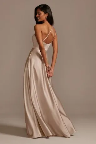 One Shoulder Satin A-Line Long Bridesmaid Dress - Image 3