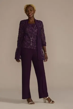 Three-Quarter Sleeve Soutache Embroidered Pantsuit