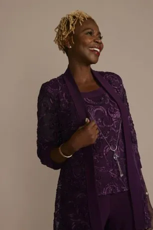 Three-Quarter Sleeve Soutache Embroidered Pantsuit - Image 3