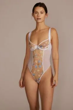 Floral Embroidered Mesh Bodysuit With Keyhole Back