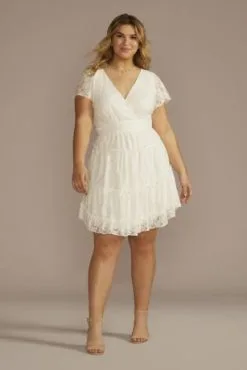 Short Flutter Sleeve Tiered Lace A-Line Dress