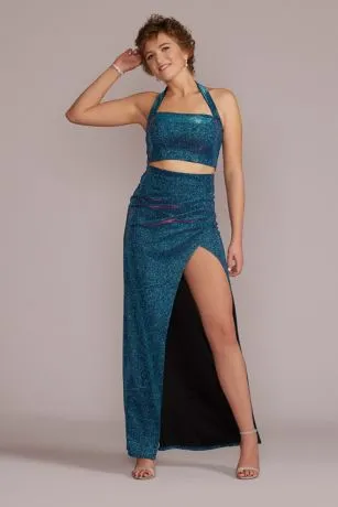 Metallic Glitter Two-Piece Set With Slit Skirt