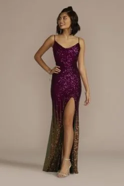 Floor Length Ombre Stretch Sequin Sheath