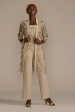 Three Piece Embroidered Sequin Lace Pants Suit