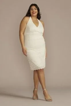 Short Ruched Scalloped Lace Halter Dress