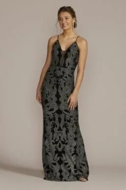 Glitter Brocade Sheath Gown With Illusion Plunge