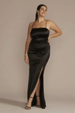 Double Strap Satin Square Neck Dress With Slit