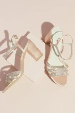 Satin Block Heel Sandals With Pave Crystal Straps