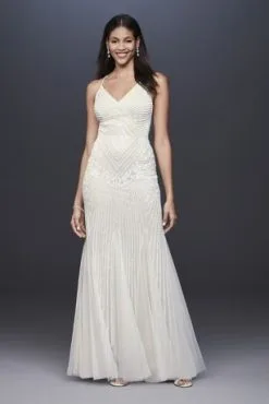 Beaded Sheath V-Neck Dress With Godets