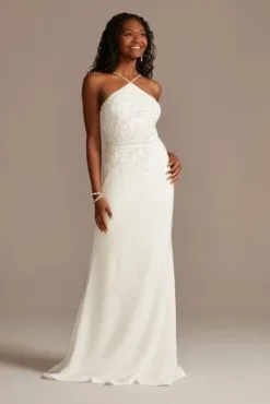 Beaded Stretch Crepe Halter Sheath Wedding Dress