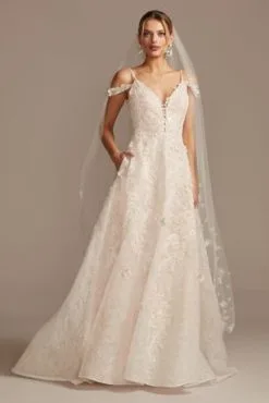 Beaded Applique Wedding Dress With Swag Sleeves