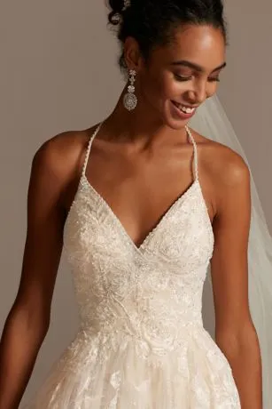 Large Floral Applique Beaded Strap Wedding Dress - Image 3