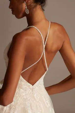 Large Floral Applique Beaded Strap Wedding Dress - Image 4