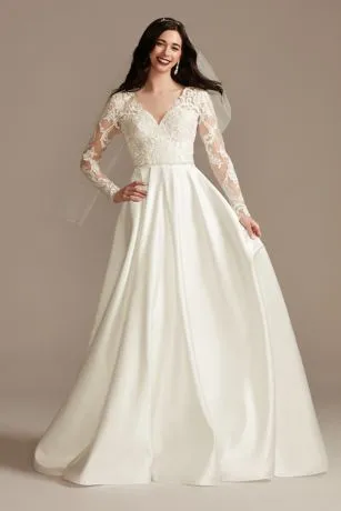 Long Sleeve Satin Applique Wedding Dress