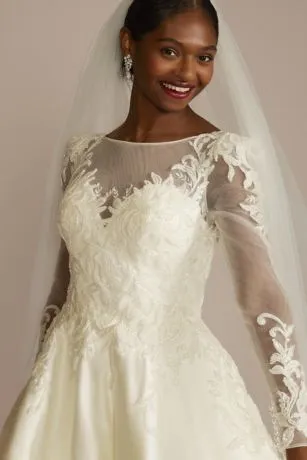Beaded Lace And Satin Long Sleeve Wedding Dress - Image 3