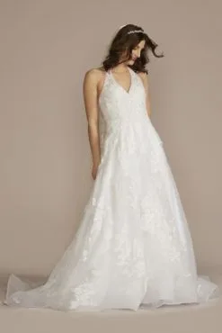 V-Neck Halter Beaded Lace Ball Gown Wedding Dress