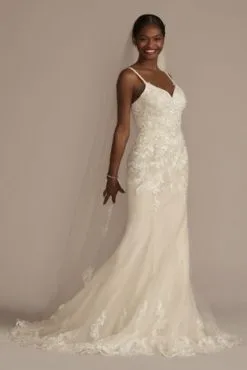 Appliqued Lace-Up Spaghetti Strap Wedding Dress