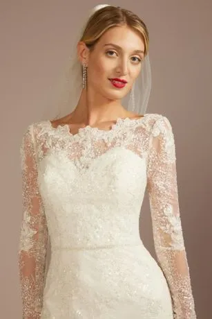 Beaded Lace Long Sleeve Sheath Wedding Dress - Image 3