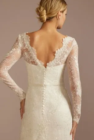 Beaded Lace Long Sleeve Sheath Wedding Dress - Image 4