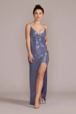 Allover Sequin V-Neck Sheath Gown With Slit