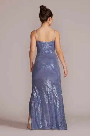 Allover Sequin V-Neck Sheath Gown With Slit - Image 2