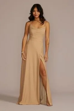 Metallic Cowl Neck Dress With Lace-Up Back