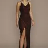 Cowl Neck Metallic Glitter Knit Sheath With Slit