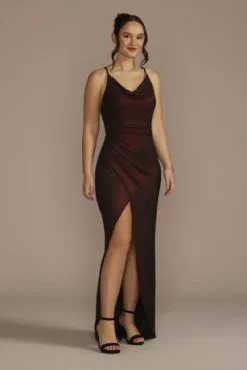 Cowl Neck Metallic Glitter Knit Sheath With Slit