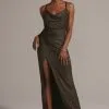 Cowl Neck Metallic Glitter Knit Dress With Slit