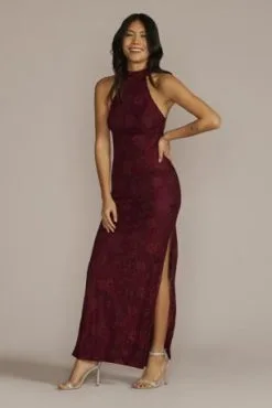 Allover Lace Halter Gown With Slit