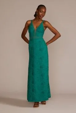 Allover Lace Illusion Plunge Gown