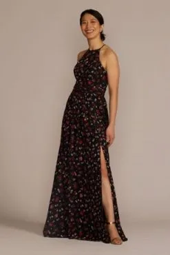Floral Print Halter A-Line Dress With Slit