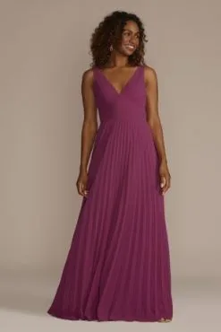 Floor Length V-Neck Pleated Chiffon A-Line Dress