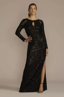 Long Sleeve Allover Sequin Sheath With Cutouts