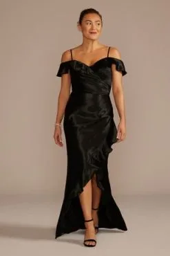 Off-Shoulder Ruffle Textured Satin Sheath Dress