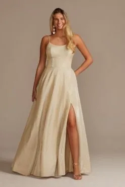 Spaghetti Strap Glitter Shine Gown With Slit