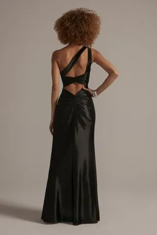 One-Shoulder Satin Sheath With Skirt Slit - Image 2