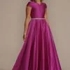 Cap Sleeve Satin Ball Gown With Embellished Waist