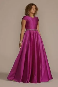 Cap Sleeve Satin Ball Gown With Embellished Waist