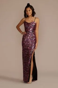 Cowl Neck Allover Sequin Dress With Slit