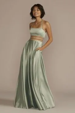 Charmeuse Halter A-line With Beaded Illusion Waist